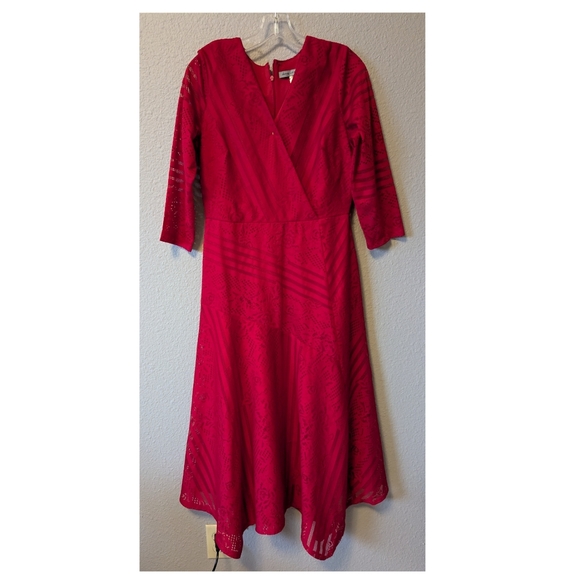 Danny & Nicole Ruby Red 3/4 Sleeve Dress Striped Floral Lace Midi Sz. 10 - Picture 10 of 16